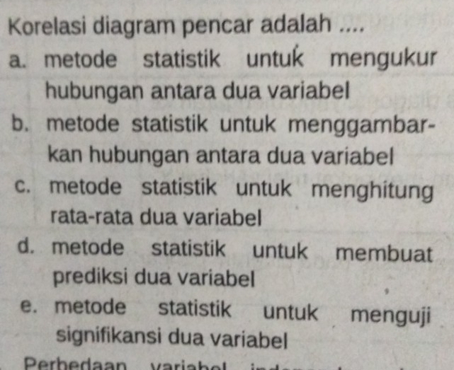 Korelasi diagram pencar adalah ....
a. metode statistik untuk mengukur
hubungan antara dua variabel
b. metode statistik untuk menggambar-
kan hubungan antara dua variabel
c. metode statistik untuk menghitung
rata-rata dua variabel
d. metode statistik untuk membuat
prediksi dua variabel
e. metode statistik untuk menguji
signifikansi dua variabel