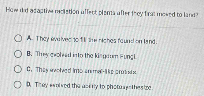 How did adaptive radiation affect plants after they first moved to land?
A. They evolved to fill the niches found on land.
B. They evolved into the kingdom Fungi.
C. They evolved into animal-like protists.
D. They evolved the ability to photosynthesize.