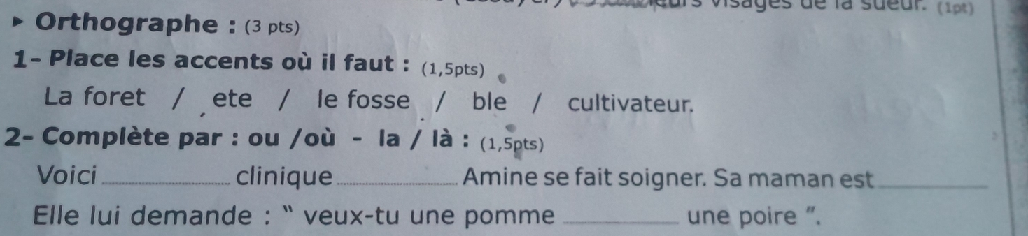 visages de la sueur. (1pt) 
Orthographe : (3 pts) 
1- Place les accents où il faut : (1,5pts) 
La foret / ete / le fosse / ble / cultivateur. 
2- Complète par : ou /où - la / là : (1,5pts) 
Voici_ clinique_ Amine se fait soigner. Sa maman est_ 
Elle lui demande : ` veux-tu une pomme _une poire ".