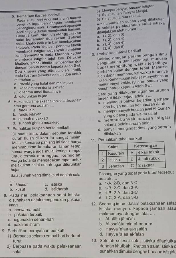 Memperbanyak bacaan istigfar.
5. Perhatikan ilustrasi berikut!
pergi ke lapangan dengan membawa 4) Salat sunah Tahiyat Masjid.
Pada suatu hari Andi ikut orang tuanya
perlengkapan salat. Sesampai di lapangan 5) Salat Duha dua rakaat.
Andi segera duduk membentuk barisan. Amalan-amalan sunah yang dilakukan
Sesaat kemudian diselenggarakan di sekitar pelaksanaan salat istiska
salat, khatib naik mimbar membacakan a. 1), 2), dan 3) ditunjukkan oleh nomor ....
salat berjamaah dua rekaat. Selesai
membaca istigfar sebanyak sembilan c. 2), 3), dan 4) b. 1), 2), dan 4)
khutbah. Pada khutbah pertama khotib
kali. Sementara pada khutbah kedua d. 2), 4), dan 5)
membaca istigfar tujuh kali. Di akhir 10. Perhatikan narasi berikut!
khutbah, tampak khatib membacakan doa Seiring dengan perkembangan ilmu
dengan penuh harap kepada Allah Swt. pengetahuan dan teknologi, manusia
Doa khusus yang dibaca oleh khotib dapat menghitung waktu terjadinya
pada ilustrasi tersebut adalah doa untuk gerhana bulan dengan tepat. Manusia
juga dapat memprediksi waktu turunnya
memohon ....
a. rezeki yang halal dan melimpah hujan. Kemampuan ini bisa menyebabkan
b. keselamatan dunia akhirat menurunnya kekhusyukan ibadah yang
penuh harap kepada Allah Swt.
c. diterima amal ibadahnya
Cara yang dilakukan agar penurunan
d. diturunkan hujan
6. Hukum dari melaksanakan salat kusufain tersebut tidak terjadi adalah ....
atau gerhana adalah .... a. menyadari bahwa kejadian gerhana
a. fardlu ain dan hujan adalah kekuasaan Aliah
b. fardlu kifayah b. memperbanyak bacaan ayat Al-Qur’an
c. sunnah muakkad yang dibaca pada waktu salat
d. sunnah ghoiru muakkad c. memperbanyak bacaan istigfar
selama pelaksanaan salat
7. Perhatikan kutipan berita berikut! d. banyak mengingat dosa yang pernah
Di suatu kota, dalam sebulan terakhir
curah hujan di kota itu sangat minim. dilakukan
Musim kemarau panjang ini tidak hanya 11. Perhatikan tabel berikut!
menimbulkan kebakaran lahan tetapi
sumur warga juga mulai kering, rumput
untuk ternak meranggas. Kemudian, 
warga kota itu mengadakan rapat untuk 
melakukan salat sunah agar diturunkan 
hujan. 
Salat sunah yang dimaksud adalah salat Pasangan yang tepat pada tabel tersebut
adalah ....
a. khusuf c. istiska a. 1-A, 2-B, dan 3-C
b. kusuf d. istikharah b. 1-B, 2-C, dan 3-A
8. Pada hari pelaksanaan salat istiska, c. 1-B, 2-A, dan 3-C
disunahkan untuk mengenakan pakaian d. 1-C, 2-A, dan 3-B
yang .... 12. Seorang imam dalam pelaksanaan sala
a. berwarna putih istiska' menyeru kepada jamaah atau
b. pakaian terbaik makmumnya dengan lafal ....
c. digunakan sehari-hari a. Al-alātu jāmi'ah
d. pakaian ihram b. Al-ssalātu min al-nnaum
9. Perhatikan pernyataan berikut! c. Hayya ‘alaa al-ssalāh
1) Berpuasa selama empat hari berturut- d. Hayya ‘alaa al-falāh
turut. 13. Setelah selesai salat istiska dilanjutka
2) Berpuasa pada waktu pelaksanaan dengan khutbah. Khutbah salat Istiska c
salat. sunahkan dimulai dengan bacaan istighfa