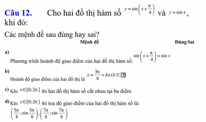 Cho hai đồ thị hàm số y=sin (x+ π /4 ) và y=sin x, 
khi đó:
Các mệnh đề sau đúng hay sai?
Mệnh đề Đúng Sai
a)
Phương trình hoành độ giao điểm của hai đồ thị hàm số: sin (x+ π /4 )=sin x
b)
Hoành độ giao điểm của hai đồ thị là x= 3π /8 +kπ (k∈ □ ?
c) Khix∈ [0;2π ] thì hai đồ thị hàm số cắt nhau tại ba điểm
d) Khix∈ [0;2π ] thì toạ độ giao điểm của hai đồ thị hàm số là:
( 5π /8 ;sin  5π /8 ),( 7π /8 ;sin  7π /8 )