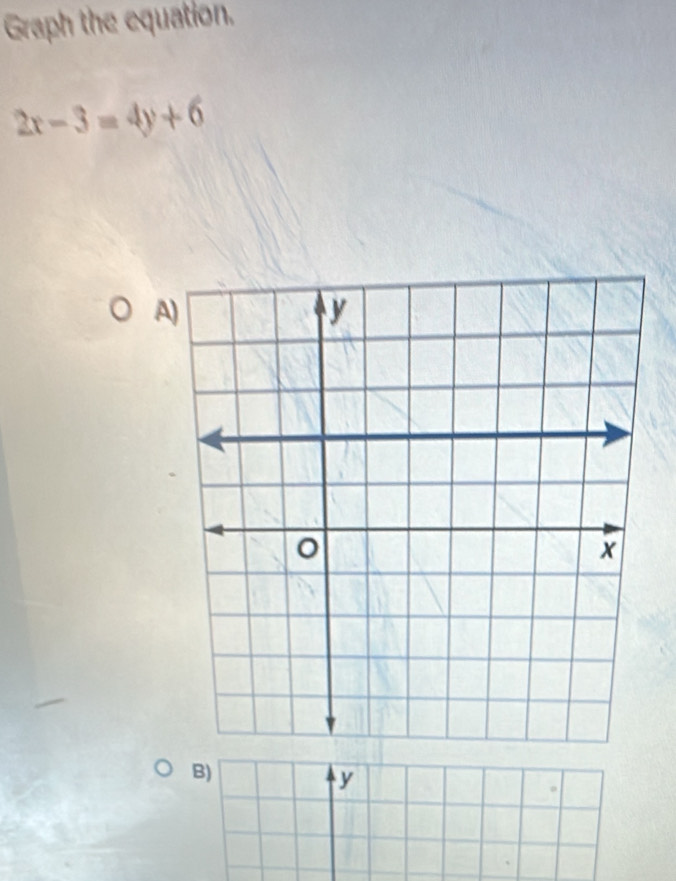 Graph the equation.
2x-3=4y+6
A) 
B)
y