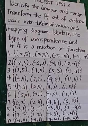 TKOSECT TEST 3 
ldentify the domain and range 
Transform the ff set of ordered 
pairs into table of values and 
mapping diagram. Identify the 
type of correspondence and 
if it is a relation or function. 
1.  (5,5),(7,7),(-5,-5),(-7,-7)
2.  (-8,5),(-6,3),(-4,1),(-2,-1)
3  (3,5),(7,4),(5,3),(-3,-3)
4  (4,4),(7,7),(9,9),(11,11)
5.  (7,3),(10,5),(4,3),(1,5)
6  (-5,0),(-3,1),(-1,0),(-1,1)
7.  (0,2),(2,4),(4,6),(c,8)
8.  (-3,7),(3,-7),(-3,9),(3,-9)
9.  (7,-7),(1,2),(-1,3),(1,4)
10.  (-1,4),(-4,8),(-7,12),(-10,16)