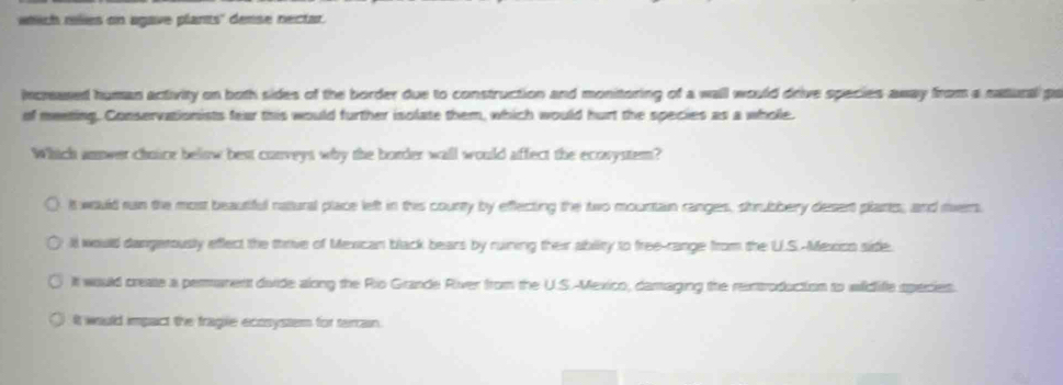 which riles on agave plants' dense nectar.
increased human activity on both sides of the border due to construction and monitoring of a wall would drive species away from a natural pa
of meeting. Conservationists fear this would further isolate them, which would hurt the species as a whole.
Which annwer choice below best conveys why the border wall would affect the ecovystem?
It would ran the most beautiful nattural place left in this courty by effecting the two mountain ranges, shrubbery desent plants; and rwers.
l would dangerously effect the thrive of Mexican black bears by ruining their ability to free-range from the U.S.-Mexico side.
It would create a permanent divide along the Rio Grande River from the U.S.-Mexico, damaging the rentroduction to wildife species.
It wuld impact the fragie ecosysters for terrain.