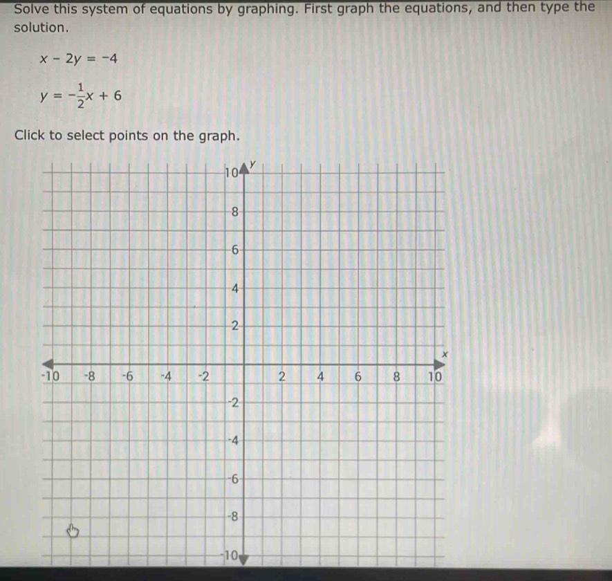 Solve this system of equations by graphing. First graph the equations, and then type the
solution.
x-2y=-4
y=- 1/2 x+6
Click to select points on the graph.