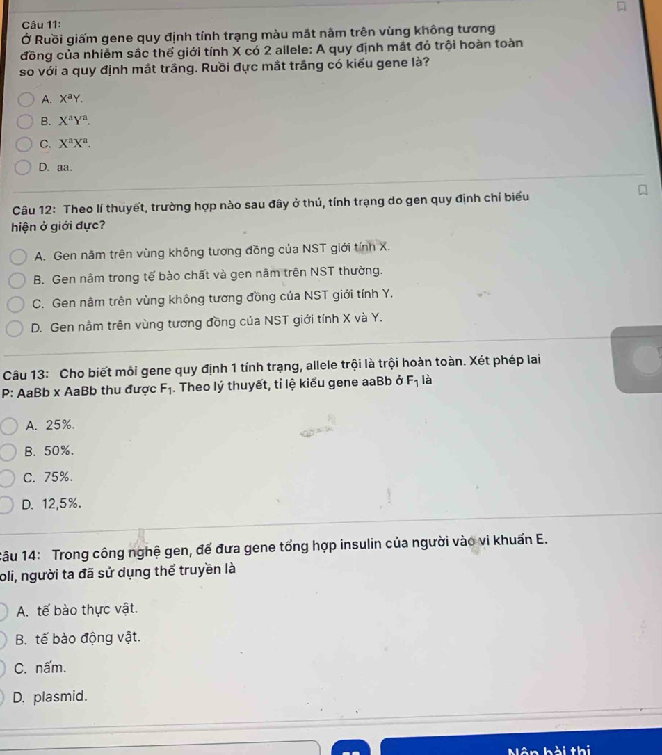 Ở Ruồi giấm gene quy định tính trạng màu mắt nằm trên vùng không tương
đồng của nhiễm sắc thể giới tính X có 2 allele: A quy định mắt đỏ trội hoàn toàn
so với a quy định mắt trắng. Ruồi đực mắt trắng có kiểu gene là?
A. X^aY.
B. X^aY^a.
C. X^aX^a.
D. aa.
Câu 12: Theo lí thuyết, trường hợp nào sau đây ở thú, tính trạng do gen quy định chỉ biểu
hiện ở giới đực?
A. Gen nằm trên vùng không tương đồng của NST giới tính X.
B. Gen nằm trong tế bào chất và gen nằm trên NST thường.
C. Gen nằm trên vùng không tương đồng của NST giới tính Y.
D. Gen nằm trên vùng tương đồng của NST giới tính X và Y.
Câu 13: Cho biết mỗi gene quy định 1 tính trạng, allele trội là trội hoàn toàn. Xét phép lai
P: AaBb x AaBb thu được F_1. Theo lý thuyết, tỉ lệ kiểu gene aaBb ở F_1 là
A. 25%.
B. 50%.
C. 75%.
D. 12, 5%.
Câu 14: Trong công nghệ gen, để đưa gene tổng hợp insulin của người vào vi khuẩn E.
oli, người ta đã sử dụng thể truyền là
A. tế bào thực vật.
B. tế bào động vật.
C. nấm.
D. plasmid.