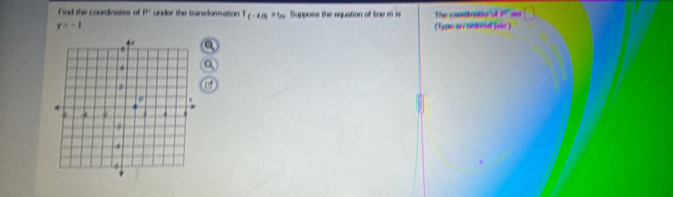 Find the coordinates of P' under the transformation T_(-AB)at_m Suppose the equation of fine m is The conninates'sf 1^(rr) □
y=-1 (Typs sn omered bee )