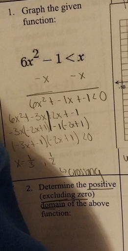 Graph the given 
function: 
□ 
6x^2-1
□  
2. Determine the positive 
(excluding zero) 
domain of the above 
function: