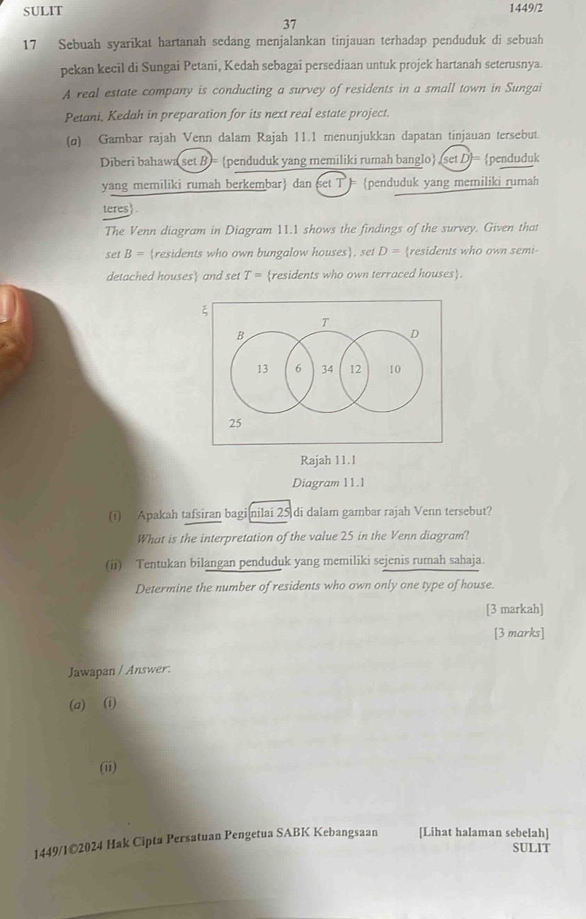 SULIT 1449/2 
37 
17 Sebuah syaríkat hartanah sedang menjalankan tinjauan terhadap penduduk di sebuah 
pekan kecil di Sungai Petani, Kedah sebagai persediaan untuk projek hartanah seterusnya. 
A real estate company is conducting a survey of residents in a small town in Sungai 
Petani, Kedah in preparation for its next real estate project. 
(σ) Gambar rajah Venn dalam Rajah 11.1 menunjukkan dapatan tinjauan tersebut. 
Diberi bahawa set B= penduduk yang memiliki rumah banglo, set D= penduduk 
yang memiliki rumah berkembar dan set T penduduk yang memiliki rumah 
teres. 
The Venn diagram in Diagram 11.1 shows the findings of the survey. Given that 
set B= residents who own bungalow houses, set D= residents who own semi- 
detached houses and set T= residents who own terraced houses. 
ξ 
T 
B 
D
13 6 34 12 10
25
Rajah 11.1 
Diagram 11.1 
(i) Apakah tafsiran bagi nilai 25 di dalam gambar rajah Venn tersebut? 
What is the interpretation of the value 25 in the Venn diagram? 
(ii) Tentukan bilangan penduduk yang memiliki sejenis rumah sahaja. 
Determine the number of residents who own only one type of house. 
[3 markah] 
[3 marks] 
Jawapan / Answer: 
(a) (i) 
(ii) 
1449/1©2024 Hak Cipta Persatuan Pengetua SABK Kebangsaan [Lihat halaman sebelah] 
SULIT