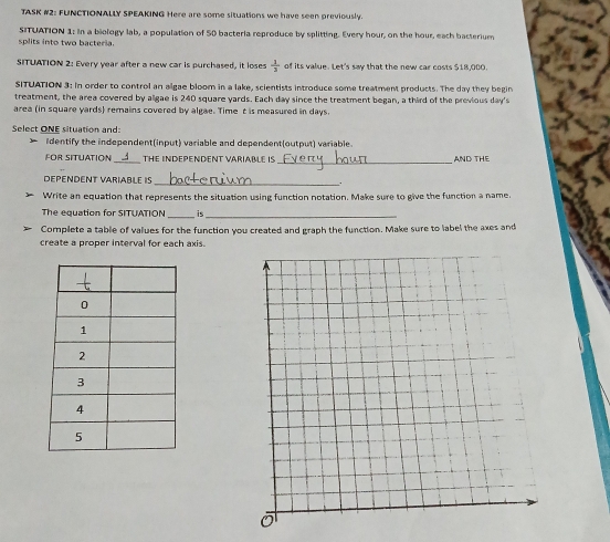 TASK #2: FUNCTIONALLY SPEAKING Here are some situations we have seen previously.
SITUATION 1: in a biology lab, a population of 50 bacteria reproduce by splitting. Every hour, on the hour, each bacterium
splits into two bacteria.
SITUATION 2: Every year after a new car is purchased, it loses  1/3  of its value. Let's say that the new car costs $18,000.
SITUATION 3: In order to control an algae bloom in a lake, scientists introduce some treatment products. The day they begin
treatment, the area covered by algae is 240 square yards. Each day since the treatment began, a third of the previous day's
area (in square yards) remains covered by algae. Time t is measured in days.
Select ONE situation and:
I dentify the independent(input) variable and dependent(output) variable.
_
FOR SITUATION The INdePenDENt Variable IS AND THE
DEPENDENT VARIABLE IS_ .
Write an equation that represents the situation using function notation. Make sure to give the function a name.
The equation for SITUATION _is_
Complete a table of values for the function you created and graph the function. Make sure to label the axes and
create a proper interval for each axis.