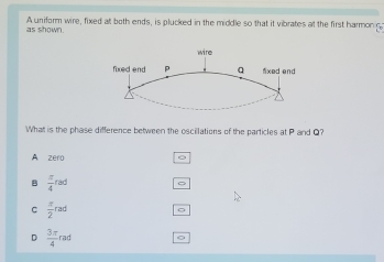 as shown. A uniform wire, fixed at both ends, is plucked in the middle so that it vibrates at the first harmon g
What is the phase difference between the oscillations of the particles at P and Q?
A zero 。
B  π /4 rad
C  π /2 rad
D  3π /4 rad o