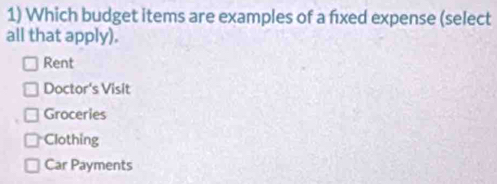 Which budget items are examples of a fıxed expense (select
all that apply).
Rent
Doctor's Visit
Groceries
Clothing
Car Payments