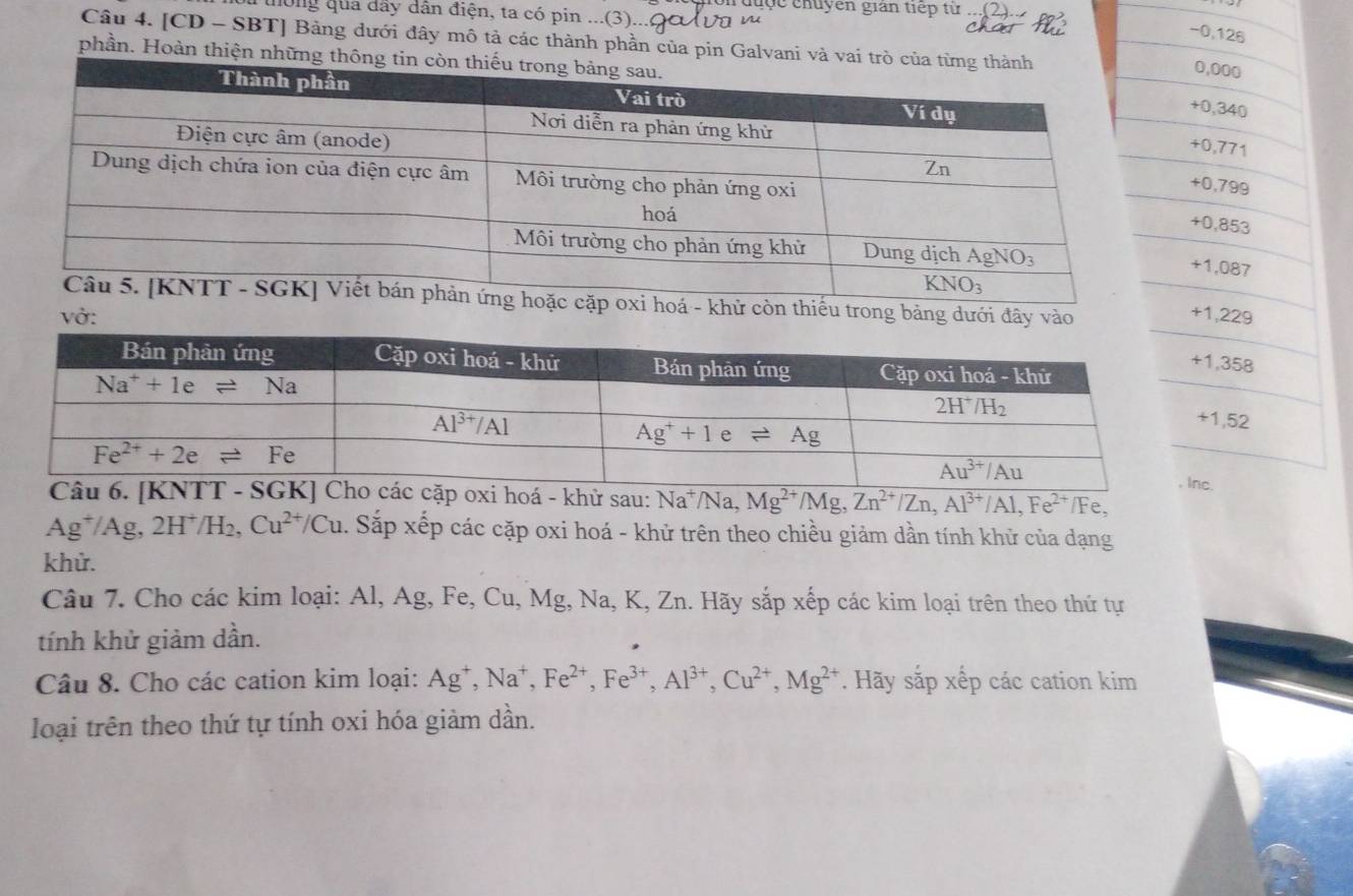 được chuyên gián tiếp từ
n ong quả đây dân điện, ta có pin ...(3)... ...(2)..
-0,126
Câu 4. [CD - SBT] Bảng dưới đây mô tả các thành phần của pin Galvani và vai t0,000
phần. Hoàn thiện những thô
0,340
+0,771
+0,799
+0,853
+1,087
trong bảng dưới đây vào
vở: +1,229
58
52
oxi hoá - khử sau: Na^+/Na. Mg^(2+)/Mg,Zn^(2+)/Zn,Al^(3+)/Al,Fe^(2+)/Fe,
Ag⁺/Ag, 2H^+/1 H2, Cu^(2+)/Cu 4. Sắp xếp các cặp oxi hoá - khử trên theo chiều giảm dần tính khử của dạng
khử.
Câu 7. Cho các kim loại: Al, Ag, Fe, Cu, Mg, Na, K, Zn. Hãy sắp xếp các kim loại trên theo thứ tự
tính khử giảm dần.
Câu 8. Cho các cation kim loại: Ag^+,Na^+,Fe^(2+),Fe^(3+),Al^(3+),Cu^(2+),Mg^(2+). Hãy sắp xếp các cation kim
loại trên theo thứ tự tính oxi hóa giảm dần.