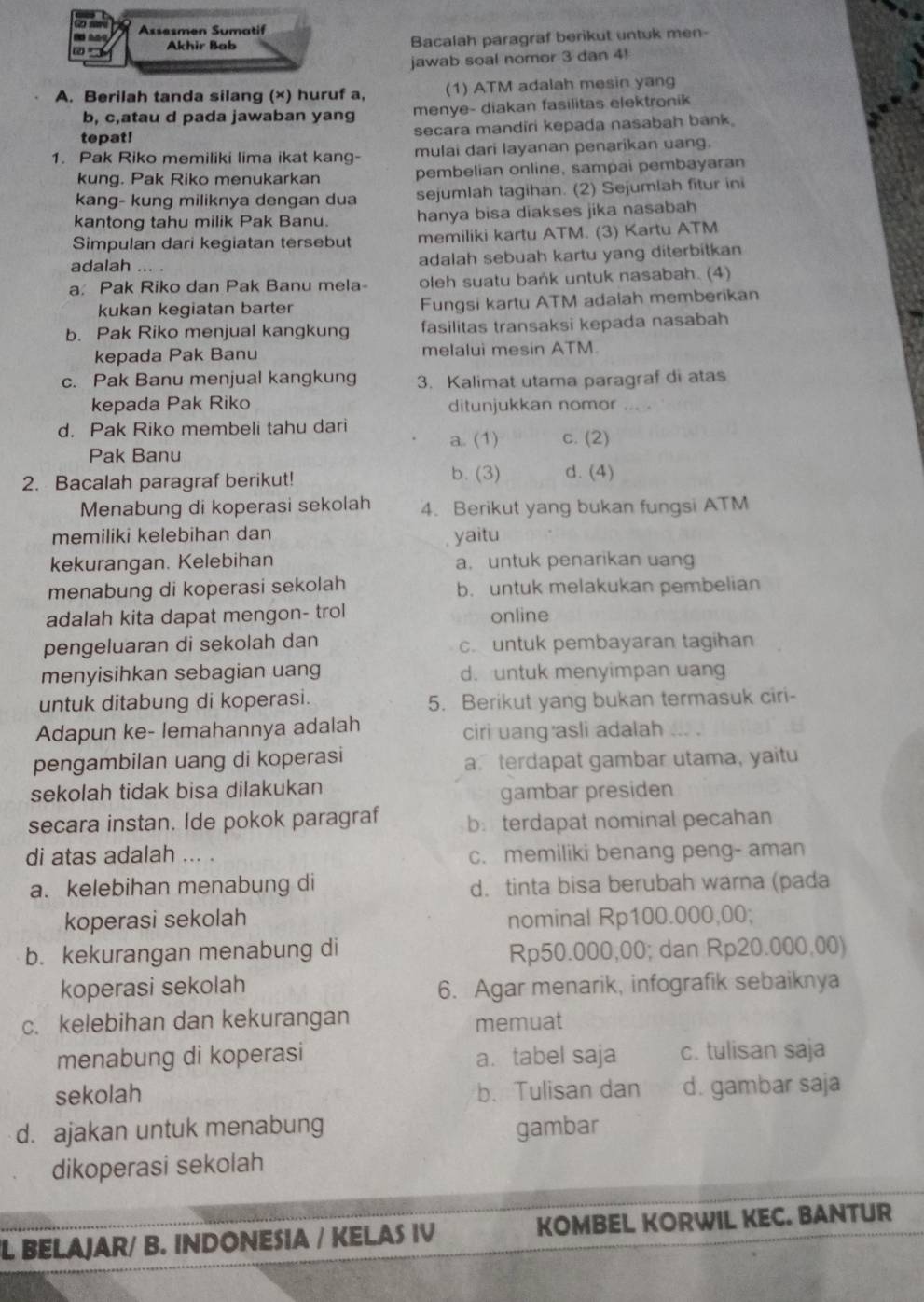 Assesmen Sumatif
Akhir Bab Bacalah paragraf berikut untuk men-
jawab soal nomor 3 dan 4!
A. Berilah tanda silang (×) huruf a. (1) ATM adalah mesin yang
b, c,atau d pada jawaban yang menye- diakan fasilitas elektronik
tepat! secara mandiri kepada nasabah bank.
1. Pak Riko memiliki lima ikat kang- mulai dari layanan penarikan uang.
kung. Pak Riko menukarkan pembelian online, sampai pembayaran
kang- kung miliknya dengan dua sejumlah tagihan. (2) Sejumlah fitur ini
kantong tahu milik Pak Banu. hanya bisa diakses jika nasabah
Simpulan dari kegiatan tersebut memiliki kartu ATM. (3) Kartu ATM
adalah ... . adalah sebuah kartu yang diterbitkan
a. Pak Riko dan Pak Banu mela- oleh suatu baṅk untuk nasabah. (4)
kukan kegiatan barter Fungsi kartu ATM adalah memberikan
b. Pak Riko menjual kangkung fasilitas transaksi kepada nasabah
kepada Pak Banu melalui mesin ATM.
c. Pak Banu menjual kangkung 3. Kalimat utama paragraf di atas
kepada Pak Riko ditunjukkan nomor
d. Pak Riko membeli tahu dari
a. (1) c. (2)
Pak Banu
b. (3)
2. Bacalah paragraf berikut! d. (4)
Menabung di koperasi sekolah 4. Berikut yang bukan fungsi ATM
memiliki kelebihan dan yaitu
kekurangan. Kelebihan a. untuk penarikan uang
menabung di koperasi sekolah b. untuk melakukan pembelian
adalah kita dapat mengon- trol online
pengeluaran di sekolah dan c. untuk pembayaran tagihan
menyisihkan sebagian uang d. untuk menyimpan uang
untuk ditabung di koperasi. 5. Berikut yang bukan termasuk ciri-
Adapun ke- lemahannya adalah ciri uang asli adalah   
pengambilan uang di koperasi aterdapat gambar utama, yaitu
sekolah tidak bisa dilakukan
gambar presiden
secara instan. Ide pokok paragraf b： terdapat nominal pecahan
di atas adalah ... . c. memiliki benang peng- aman
a. kelebihan menabung di d. tinta bisa berubah warna (pada
koperasi sekolah nominal Rp100.000,00;
b. kekurangan menabung di Rp50.000,00; dan Rp20.000,00)
koperasi sekolah
6. Agar menarik, infografik sebaiknya
c. kelebihan dan kekurangan
memuat
menabung di koperasi a. tabel saja c. tulisan saja
sekolah b. Tulisan dan d. gambar saja
d. ajakan untuk menabung gambar
dikoperasi sekolah
L BELAJAR/ B. INDONESIA / KELAS IV KOMBEL KORWIL KEC. BANTUR