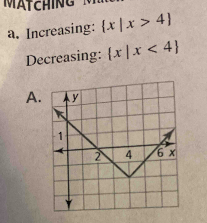 MATCHING
a. Increasing:  x|x>4
Decreasing:  x|x<4
A.