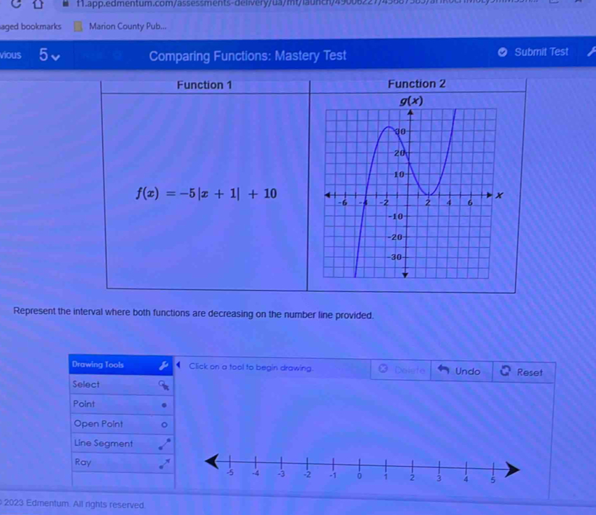 aged bookmarks Marion County Pub...
vious 5 Comparing Functions: Mastery Test Submit Test
Function 1 Function 2
f(x)=-5|x+1|+10
Represent the interval where both functions are decreasing on the number line provided.
Click on a tool to begin drawing. Delste Undo Reset
2023 Edmentum. All rights reserved.