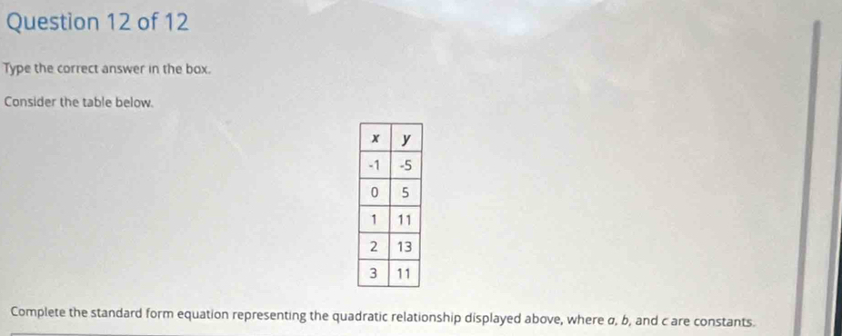 Type the correct answer in the box. 
Consider the table below. 
Complete the standard form equation representing the quadratic relationship displayed above, where σ, b, and c are constants.