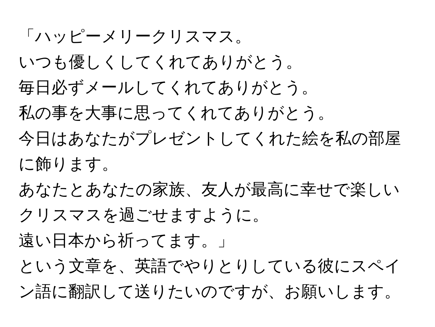 「ハッピーメリークリスマス。  
いつも優しくしてくれてありがとう。  
毎日必ずメールしてくれてありがとう。  
私の事を大事に思ってくれてありがとう。  
今日はあなたがプレゼントしてくれた絵を私の部屋に飾ります。  
あなたとあなたの家族、友人が最高に幸せで楽しいクリスマスを過ごせますように。  
遠い日本から祈ってます。」  
という文章を、英語でやりとりしている彼にスペイン語に翻訳して送りたいのですが、お願いします。