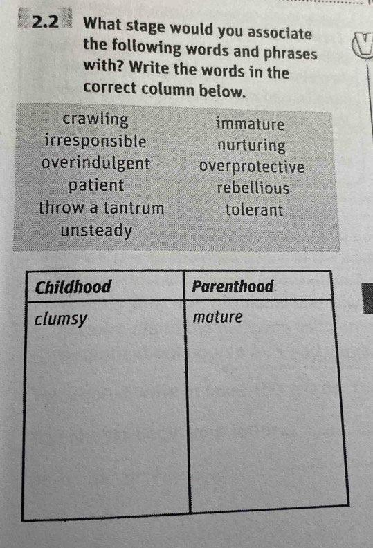 2.2 What stage would you associate
the following words and phrases
with? Write the words in the
correct column below.
crawling immature
irresponsible nurturing
overindulgent overprotective
patient rebellious
throw a tantrum tolerant
unsteady