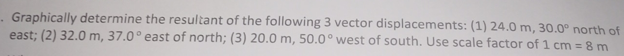 Graphically determine the resultant of the following 3 vector displacements: (1) 24.0 m, 30.0° north of 
east; (2) 32 .0n n. 37.0° east of north; (3) 20.0 m, 50.0° west of south. Use scale factor of 1cm=8m