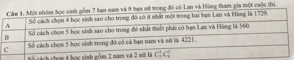 bạn nữ trong đó có Lan và Hùng tham gia một cuộc thi.
Số