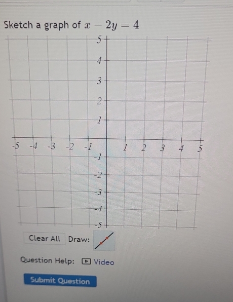 Sketch a graph of x-2y=4
Clear All Draw: 
Question Help: ® Video 
Submit Question