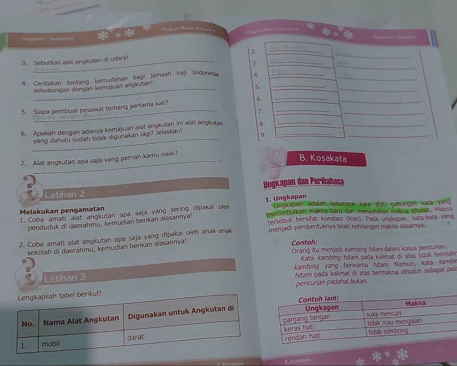 Potienes 1. bestteain 
_ 
3. Sebutkan alat angkutan di udara! 
4. Ceritakan tentang kemudahan bagi jamaah haji Indonesia 
sehubungan dengan kemajuan angkutan! 
5. Siapa pembuat pesawat terbang pertama kali? 
_ 
6. Apakah dengan adanya kemajuan alat angkutan ini alat angkutan 
yang dahulu sudah tidak digunakan lagi? Jelaskan! 
__, 
7. Alat angkutan apa saja yang pernah kamu naiki? 
. 
B. Kosakata 
Latihan 2 Ungkapan dan Peribahasa 
Melakukan pengamatan Ungkapan adalah kelompok kata atau gabungan kata yan 
1. Coba amati alat angkutan apa saja yang sering dipakai oleh 1. Ungkapan 
menimbulkan makna baru dan menyatakan makna khusus. Makna 
tersebut bersifat konotasi (kias). Pada ungkapan, kata-kata yang 
penduduk di daerahmu, kemudian berikan alasannya! 
2. Coba amati alat angkutan apa saja yang dipakai oleh anak-anak menjadi pembentuknya telah kehilangan makna dasarnya. 
sekolah di daerahmu, kemudian berikan alasannya! Contoh: 
Orang itu menjadi kambing hitam dalam kasus pencurian. 
Kata kambing hitam pada kalimat di atas tidak bermakn 
kambing yang berwarna hitam. Namun, kata kamb 
Latihan 3
hitam pada kalimat di atas bermakna dituduh sebagai pel 
pencurian padahal bukan. 
A Membaca B. Kasaknta