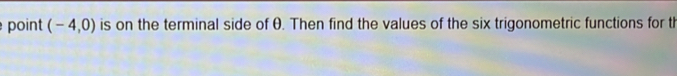 point (-4,0) is on the terminal side of θ. Then find the values of the six trigonometric functions for th
