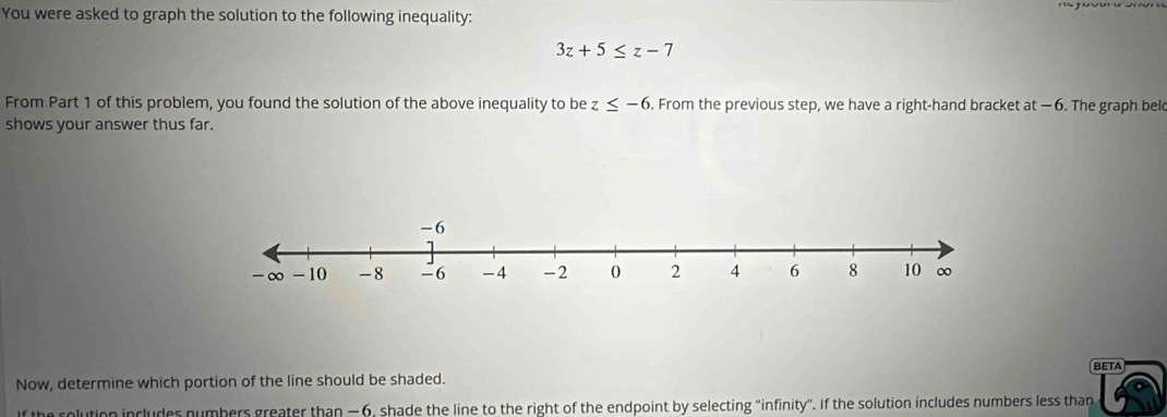 You were asked to graph the solution to the following inequality:
3z+5≤ z-7
From Part 1 of this problem, you found the solution of the above inequality to be z≤ -6. From the previous step, we have a right-hand bracket at —6. The graph beld 
shows your answer thus far. 
BETA 
Now, determine which portion of the line should be shaded. 
If the solution includes numbers greater than −6, shade the line to the right of the endpoint by selecting "infinity". If the solution includes numbers less than