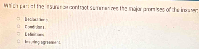 Which part of the insurance contract summarizes the major promises of the insurer:
Declarations.
Conditions.
Definitions.
Insuring agreement.