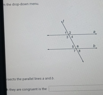 the drop-down menu. 
rsects the parallel lines a and b. 
h they are congruent is the □