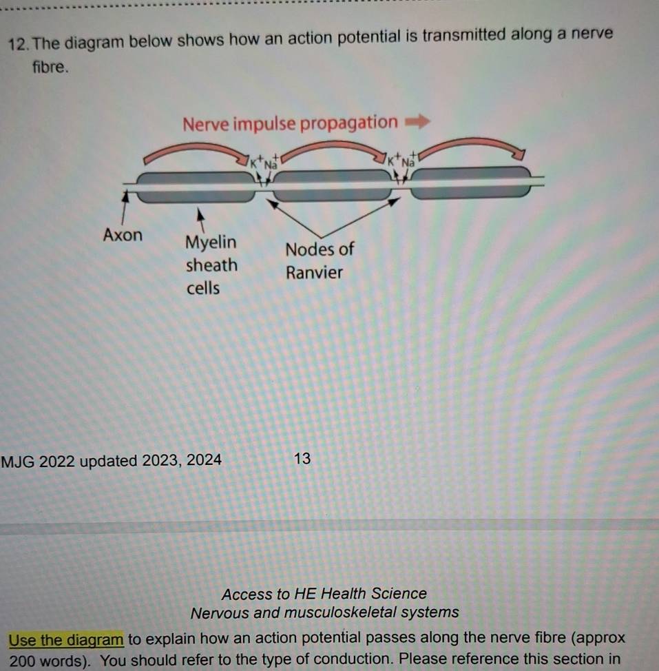 The diagram below shows how an action potential is transmitted along a nerve 
fibre. 
MJG 2022 updated 2023, 2024 13 
Access to HE Health Science 
Nervous and musculoskeletal systems 
Use the diagram to explain how an action potential passes along the nerve fibre (approx
200 words). You should refer to the type of conduction. Please reference this section in