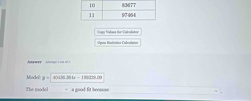 Copy Values for Calculator 
Open Statistics Calculator 
Answer Attempt 1 out of 2 
Model: y= 40436.364x-199328.09
The model a good fit because