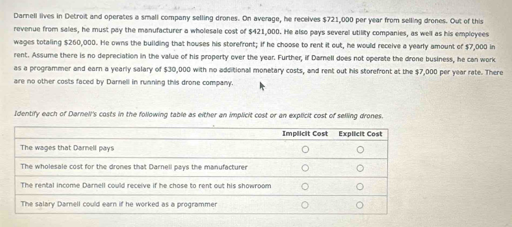 Darnell lives in Detroit and operates a small company selling drones. On average, he receives $721,000 per year from selling drones. Out of this 
revenue from sales, he must pay the manufacturer a wholesale cost of $421,000. He also pays several utility companies, as well as his employees 
wages totaling $260,000. He owns the building that houses his storefront; if he choose to rent it out, he would receive a yearly amount of $7,000 in 
rent. Assume there is no depreciation in the value of his property over the year. Further, if Darnell does not operate the drone business, he can work 
as a programmer and earn a yearly salary of $30,000 with no additional monetary costs, and rent out his storefront at the $7,000 per year rate. There 
are no other costs faced by Darnell in running this drone company. 
Identify each of Darnell’s costs in the following table as either an implicit cost or an explicit cost of selling drones.