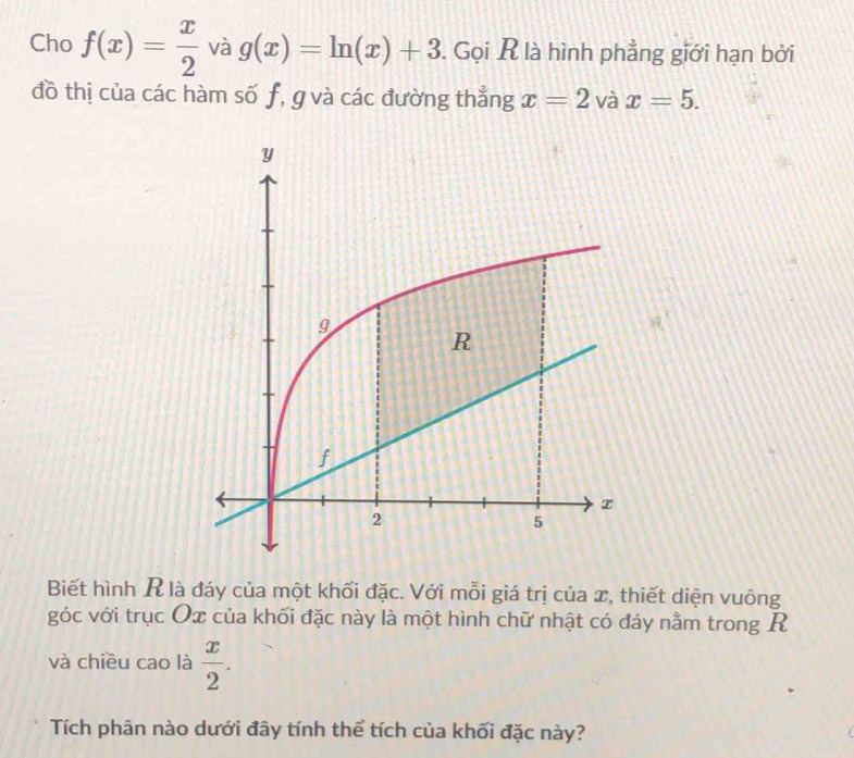 Cho f(x)= x/2  và g(x)=ln (x)+3. Gọi R là hình phẳng giới hạn bởi 
đồ thị của các hàm số f, g và các đường thẳng x=2 và x=5.
y
g R
f
2
5
Biết hình R là đáy của một khối đặc. Với mỗi giá trị của x, thiết diện vuông 
góc với trục Ox của khối đặc này là một hình chữ nhật có đáy nằm trong R
và chiều cao là  x/2 . 
Tích phân nào dưới đây tính thể tích của khối đặc này?