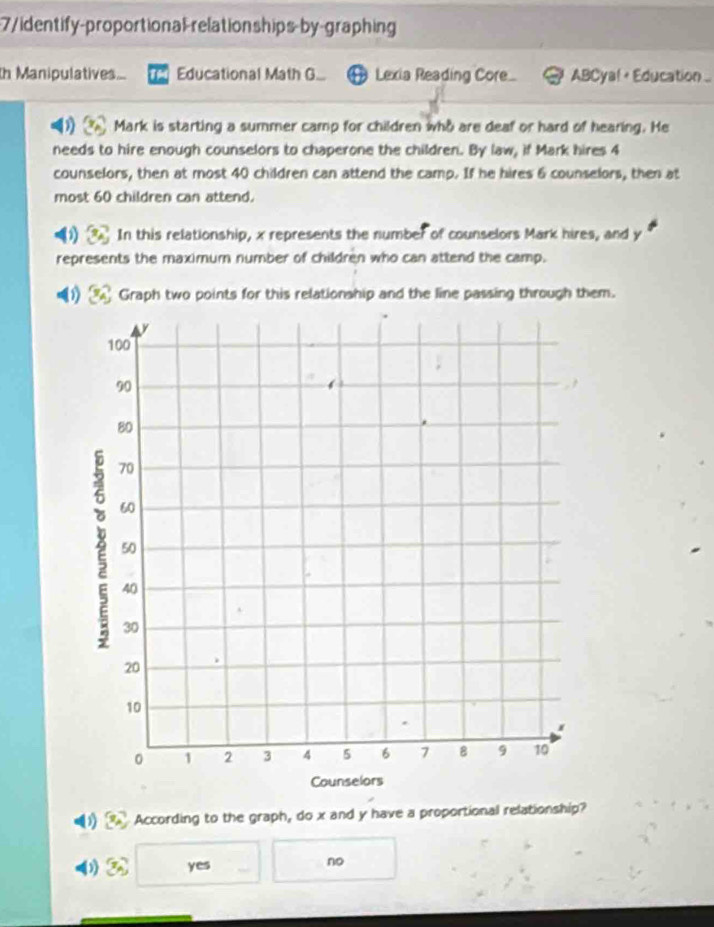 7/identify-proportional relationships-by-graphing
th Manipulatives... Educational Math G... Lexia Reading Core ABCyal + Education ...
Mark is starting a summer camp for children who are deaf or hard of hearing. He
needs to hire enough counselors to chaperone the children. By law, if Mark hires 4
counselors, then at most 40 children can attend the camp. If he hires 6 counselors, then at
most 60 children can attend.
In this relationship, x represents the number of counselors Mark hires, and y
represents the maximum number of children who can attend the camp.
Graph two points for this relationship and the line passing through them.
( According to the graph, do x and y have a proportional relationship?
yes no