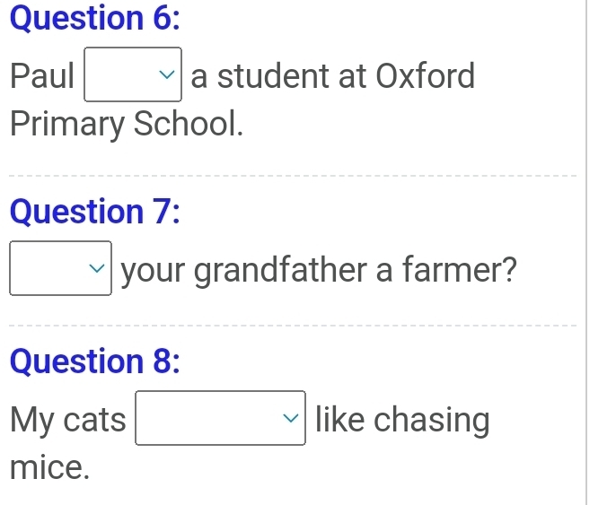 Paul □ vee  a student at Oxford 
Primary School. 
Question 7:
□  your grandfather a farmer? 
Question 8: 
My cats □ vee  like chasing 
mice.