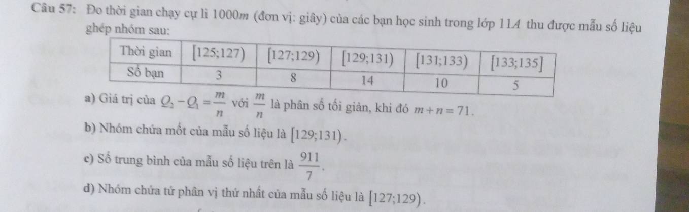 Đo thời gian chạy cự li 1000m (đơn vị: giây) của các bạn học sinh trong lớp 114 thu được mẫu số liệu
ghép nhóm sau:
Q_2-Q_1= m/n  với  m/n  là phân số tối giản, khi đó m+n=71.
b) Nhóm chứa mốt của mẫu số liệu là [129;131).
c) Số trung bình của mẫu số liệu trên là  911/7 .
d) Nhóm chứa tứ phân vị thứ nhất của mẫu số liệu là [127;129).