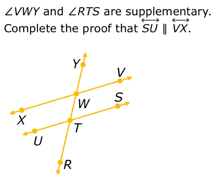 VWY and ∠ RTS are supplementary. 
Complete the proof that overleftrightarrow SU||overleftrightarrow VX.