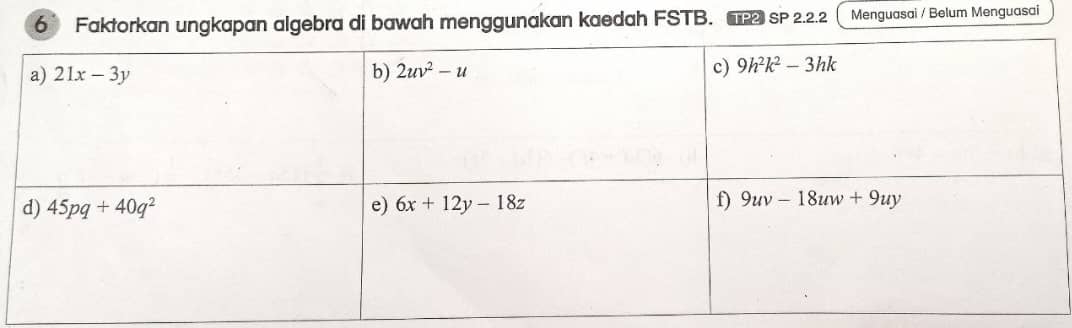 Faktorkan ungkapan algebra di bawah menggunakan kaedah FSTB. TP2 SP 2.2.2 Menguasai / Belum Menguasai