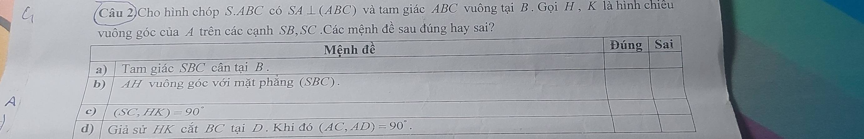 Câu 2Cho hình chóp S.ABC có SA ⊥ (ABC) và tam giác ABC vuông tại B . Gọi H , K là hình chiều
các cạnh SB,SC .Các mệnh đề sau đúng hay sai?
A