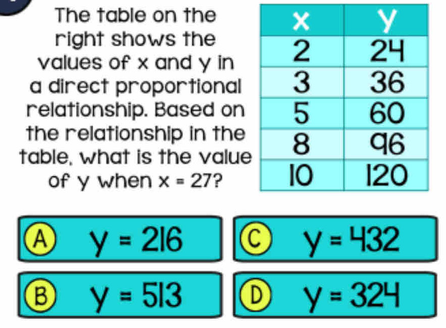 The table on the
right shows the
values of x and y in
a direct proportional
relationship. Based on
the relationship in the
table, what is the value
of y when x=27 ?
A y=2l6
C y=432
B y=5l3
D y=324