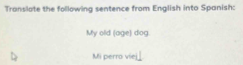 Translate the following sentence from English into Spanish: 
My old (age) dog. 
Mi perro viej