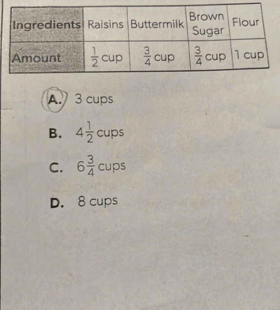 A. 3 cups
B. 4 1/2 cups
C. 6 3/4 cups
D. 8 cups