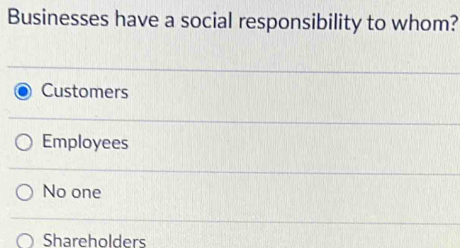 Businesses have a social responsibility to whom?
Customers
Employees
No one
Shareholders