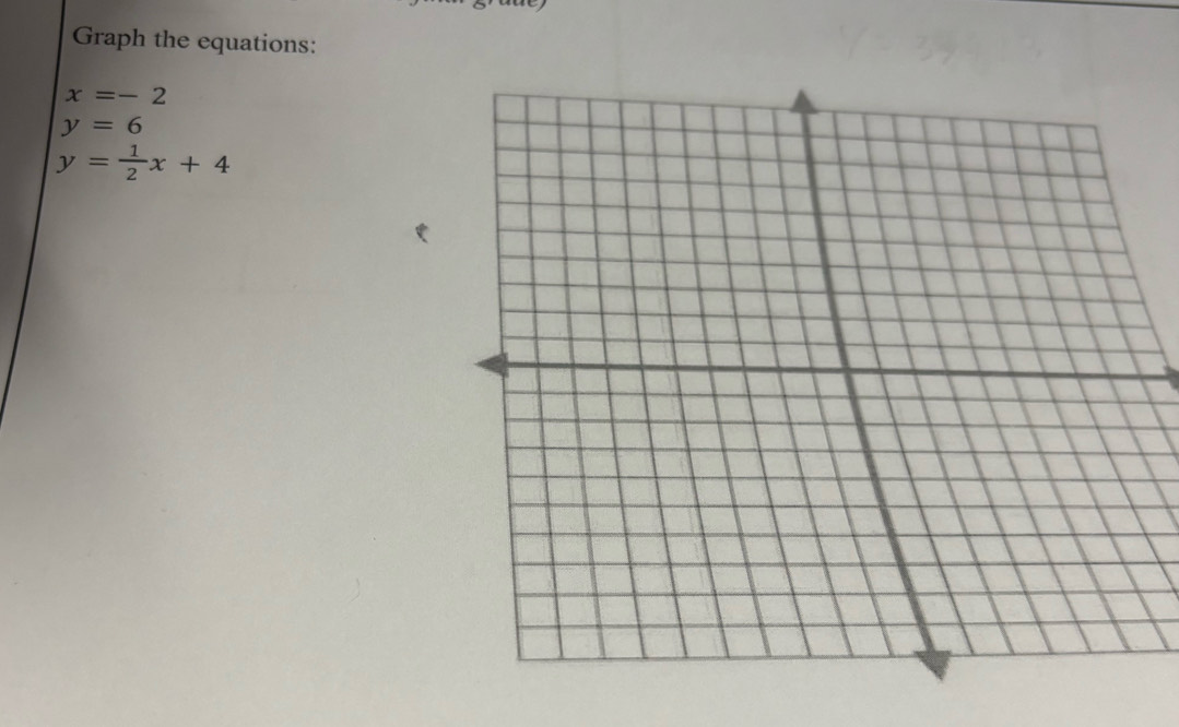 Graph the equations:
x=-2
y=6
y= 1/2 x+4