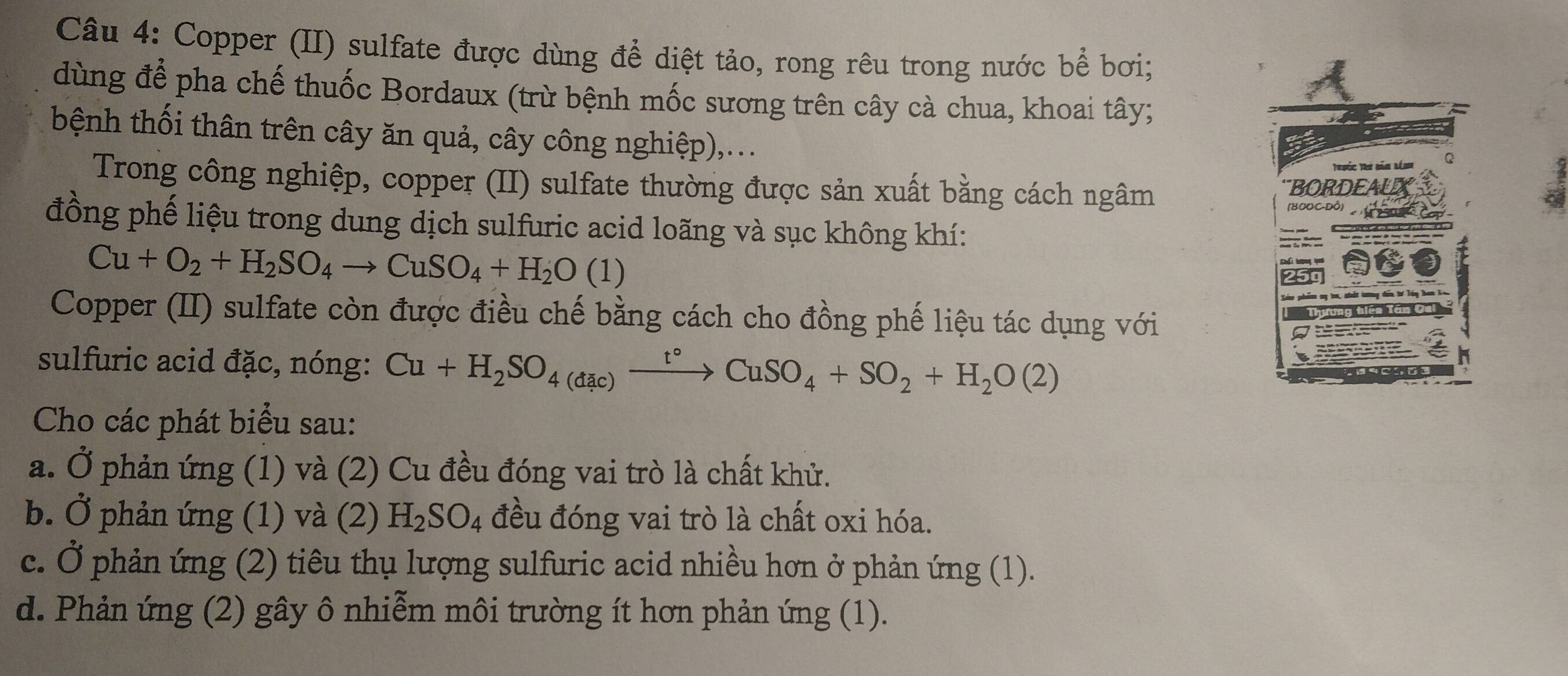 Copper (II) sulfate được dùng để diệt tảo, rong rêu trong nước bể bơi;
dùng để pha chế thuốc Bordaux (trừ bệnh mốc sương trên cây cà chua, khoai tây;
bệnh thối thân trên cây ăn quả, cây công nghiệp),...
Trong công nghiệp, copper (II) sulfate thường được sản xuất bằng cách ngâm BORDEAUX
a
[BOOC-Dỏ]
đồng phế liệu trong dung dịch sulfuric acid loãng và sục không khí:
Cu+O_2+H_2SO_4to CuSO_4+H_2O(1)
Copper (II) sulfate còn được điều chế bằng cách cho đồng phế liệu tác dụng với
sulfuric acid đặc, nóng: Cu+H_2SO_4(dac)xrightarrow t°CuSO_4+SO_2+H_2O(2)
Cho các phát biểu sau:
a. Ở phản ứng (1) và (2) Cu đều đóng vai trò là chất khử.
b. Ở phản ứng (1) và (2) H_2SO_4 đều đóng vai trò là chất oxi hóa.
c. Ở phản ứng (2) tiêu thụ lượng sulfuric acid nhiều hơn ở phản ứng (1).
d. Phản ứng (2) gây ô nhiễm môi trường ít hơn phản ứng (1).