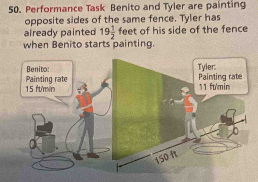 Performance Task Benito and Tyler are painting 
opposite sides of the same fence. Tyler has 
already painted 19 1/2 feet t of his side of the fence 
when Benito starts painting.