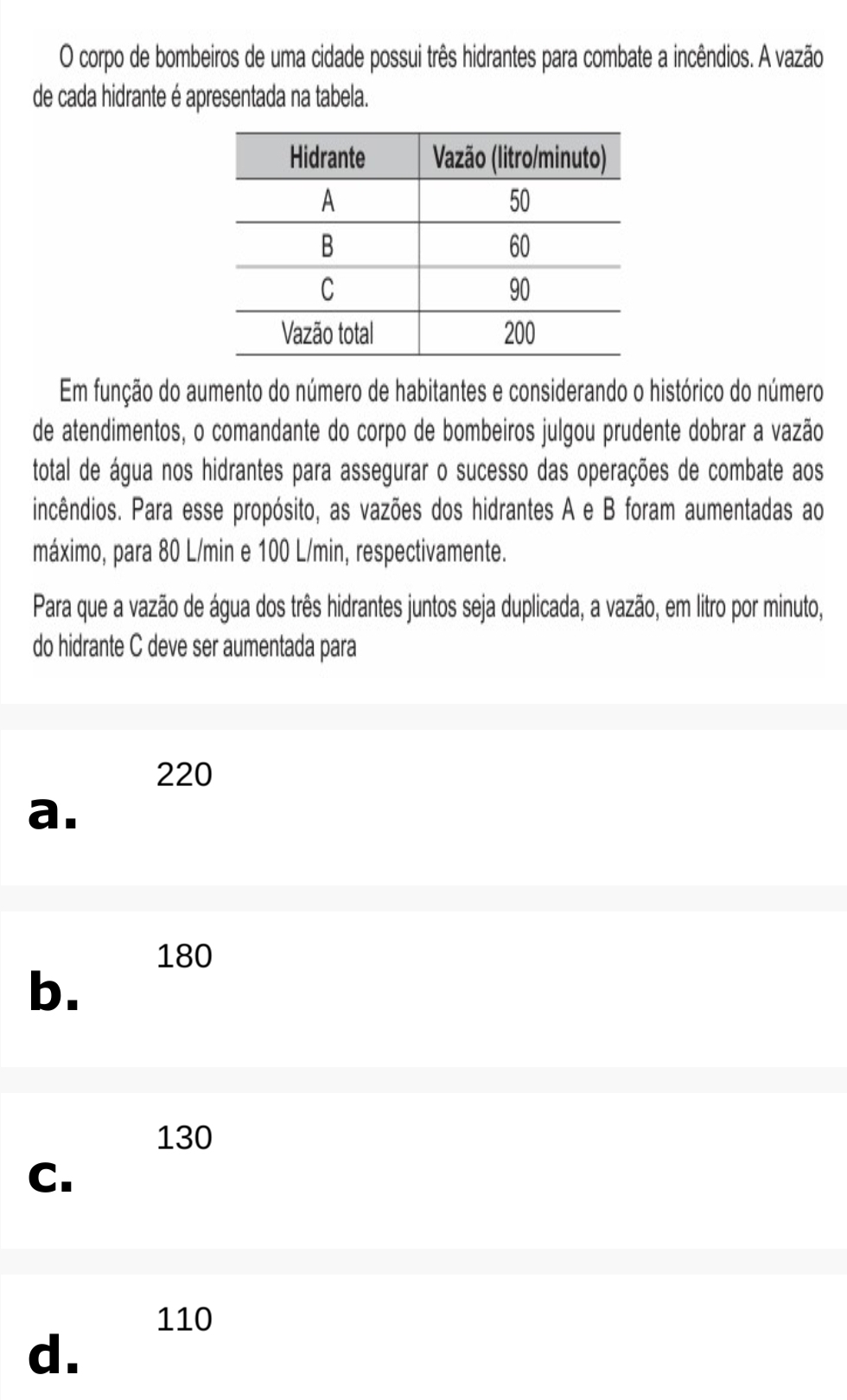 corpo de bombeiros de uma cidade possui três hidrantes para combate a incêndios. A vazão
de cada hidrante é apresentada na tabela.
Em função do aumento do número de habitantes e considerando o histórico do número
de atendimentos, o comandante do corpo de bombeiros julgou prudente dobrar a vazão
total de água nos hidrantes para assegurar o sucesso das operações de combate aos
incêndios. Para esse propósito, as vazões dos hidrantes A e B foram aumentadas ao
máximo, para 80 L/min e 100 L/min, respectivamente.
Para que a vazão de água dos três hidrantes juntos seja duplicada, a vazão, em litro por minuto,
do hidrante C deve ser aumentada para
220
a.
180
b.
130
C.
110
d.