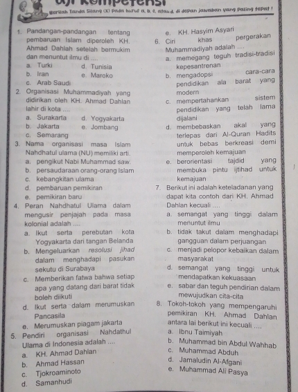 kompetens
Berzah Tanda Silang (X) Pada huruf a, b. e, ataud, di depan jewaban yang pelling tepat !
1. Pandangan-pandangan lentang e. KH. Hasyim Asyari
pembaruan Islam diperoleh KH.
Ahmad Dahlah setelah bermukim 6. Ciri Muhammadiyah adalah .... khas pergerakan
dan menuntut ilmu di
a. memegang teguh tradisi-tradisi
a. Turki d. Tunisia kepesantrenan
b. Iran e. Maroko b. mengadopsi cara-cara
c. Arab Saudi
pendidikan ala barat yang
2. Organisasi Muhammadiyah yang modern
didirikan oleh KH. Ahmad Dahlan c. mempertahankan sistem
lahir di kota … pendidikan yang telah lama
a. Surakarta d. Yogyakarta dijalani
b. Jakarta e. Jombang d. membebaskan  akal yang
c. Semarang terlepas dari Al-Quran Hadits
3. Nama organisasi masa Islam untuk bebas berkreasi demi
Nahdhatul ulama (NU) memiliki arti. memperoleh kemajuan
a. pengikut Nabi Muhammad saw. e. berorientas
b. persaudaraan orang-orang Islam membuka pintu ijtihad untuk tajdid yang
c. kebangkitan ulama kemajuan
d. pembaruan pemikiran 7. Berikut ini adalah keteladanan yang
e. pemikiran baru dapat kita contoh dari KH. Ahmad
4. Peran Nahdhatul Ulama dalam Dahlan kecuali
mengusir penjajah pada masa a. semangat yang tinggi dalam
kolonial adalah menuntut ilmu
a. lkut serta perebutan kota b. tidak takut dalam menghadapi
Yogyakarta dari tangan Belanda gangguan dalam perjuangan
b. Mengeluarkan resolusi jihad c. menjadi pelopor kebaikan dalam
dalam menghadapi pasukan masyarakat
sekutu di Surabaya d. semangat yang tinggi untuk
c. Memberikan fatwa bahwa setiap mendapatkan kekuasaan
apa yang datang dari barat tidak e. sabar dan teguh pendirian dalam
boleh diikuti
mewujudkan cita-cita
d. Ikut serta dalam merumuskan 8. Tokoh-tokoh yang mempengaruhi
Pancasila
pemikiran KH. Ahmad Dahlan
e. Merumuskan piagam jakarta antara lai berikut ini kecuali ....
5. Pendiri organisasi Nahdathul a. Ibnu Taimiyah
Ulama di Indonesia adalah .... b. Muhammad bin Abdul Wahhab
a. KH. Ahmad Dahian
c. Muhammad Abduh
b. Ahmad Hassan
d. Jamaludin Al-Afgani
c. Tjokroaminoto
e. Muhammad Ali Pasya
d. Samanhudi